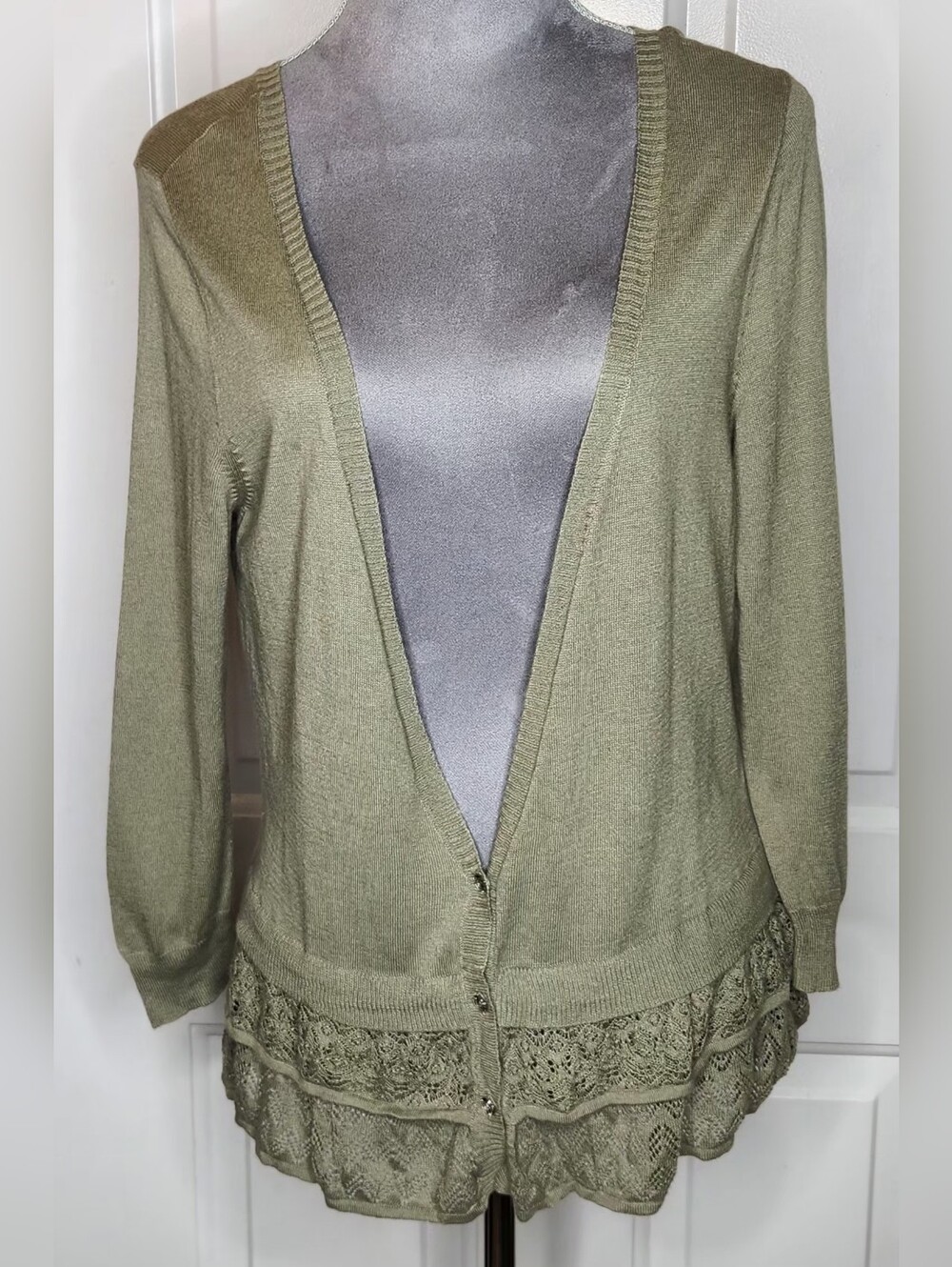 New York & Company Olive Cardigan with Lace-Tier Hem